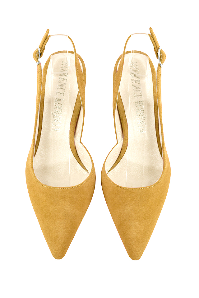 Mustard yellow women's slingback shoes. Pointed toe. Medium flare heels. Top view - Florence KOOIJMAN